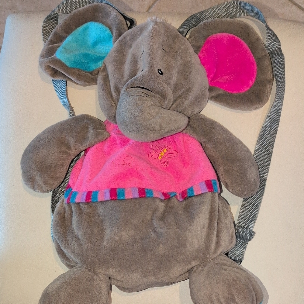 Gray Elephant Plush Kids Backpack with Pink Accents